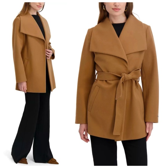 Tahari Jackets & Blazers - NWT Tahari Tan Camel Wide Collar Shawl Tie Belt Pea Wrap Coat Jacket Faux Wool S